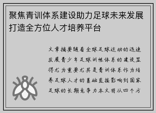聚焦青训体系建设助力足球未来发展打造全方位人才培养平台