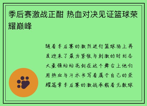 季后赛激战正酣 热血对决见证篮球荣耀巅峰